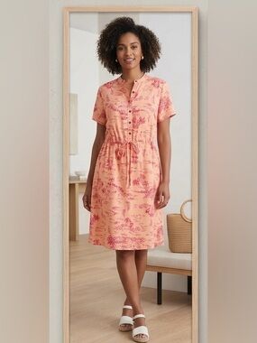 Lands' End Peach Button-Up Shirtdress with Coral Print